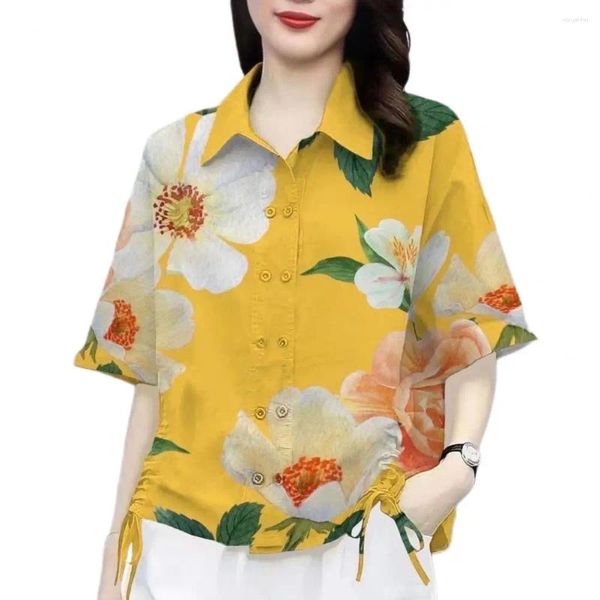 Bloups feminina Mulheres camisa lapela de manga curta Padrão de flor de trespassado duplo lateral lateral lados tops soltos roupas femininas 2024