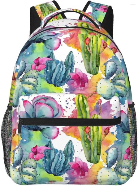 Rucksack Exotic Wildblumen Kaktusmuster Aquarellstil Stilvoller lässiger Geldbörse Laptop Backpacks Taschen Computer Daypack