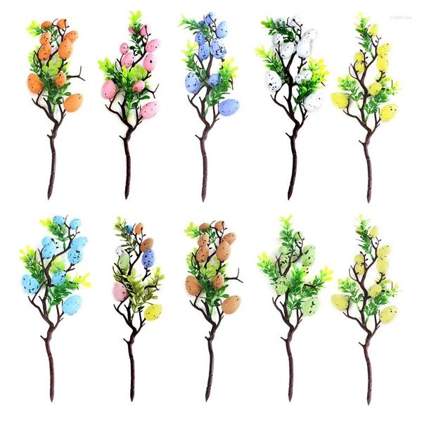 Flores decorativas 2024 Ovos de decoração de Páscoa Árvore de plantas artificiais galhos pintados de folhas verdes de pássaros simulação bouquets de ornamentos diy