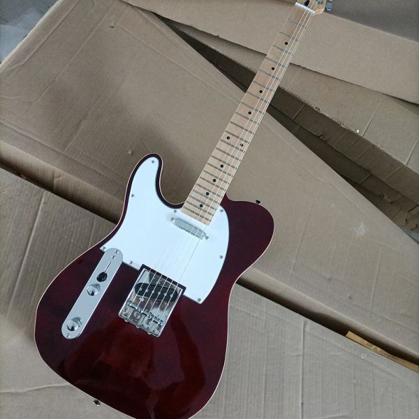 Kablolar Ücretsiz Nakliye 6 Dizeler Sol Elli Kırmızı Kahverengi Elektro Gitar Akçaağaç Kıvırcık