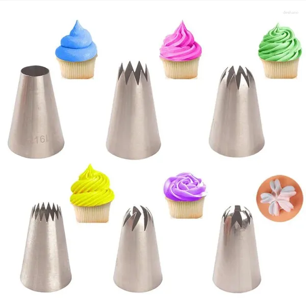 Pişirme Aletleri 6pcs Kek kurabiye cupcake nozul dekorasyon için büyük buzlanma boru nozulları paslanmaz çelik pasta uçları