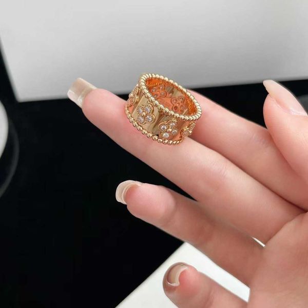 Marca de designer versão alta versão dourada van caleidoscópio anel largo e estreito diamante completo 18k lumin flor de ouro rosa estilo luxo em estilo feminino com logotipo