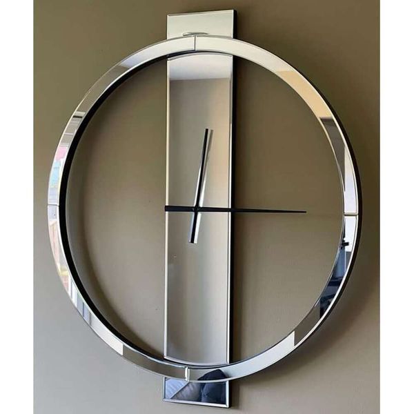 Moderne große runde Wanduhr mit Spiegelglas Finish und schwarz gestrichene Holzkanten - Spelte Spiegel vorne - batteriebetrieben - einfache Installation