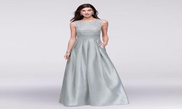 Spitzen- und Satin -ärmelloses Ballkleid mit Tasche voller plissierter Satin -Rock Abendkleid WBM1118 Silber Prom Dress Party Kleider9646618