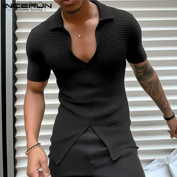 Мужские футболки Tops 2024 American Style Mens Mens Listed Pit Stripe Fit Fit Formable Mens Hem Slit Короткие рукава Camiseta S-2XL YQ240415