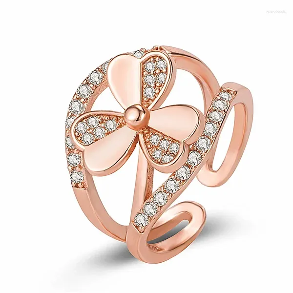 Rings a cluster Oro Silver Double Stray Heart Cute Lucky 3 Leaf Apertura per le donne gioielli