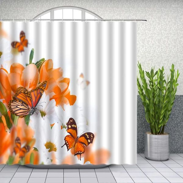 Занавески для душа апельсиновая и белая цветочная бабочка весенняя цветочная растение декор ванной комнаты домашняя ванна подвесная занавеска