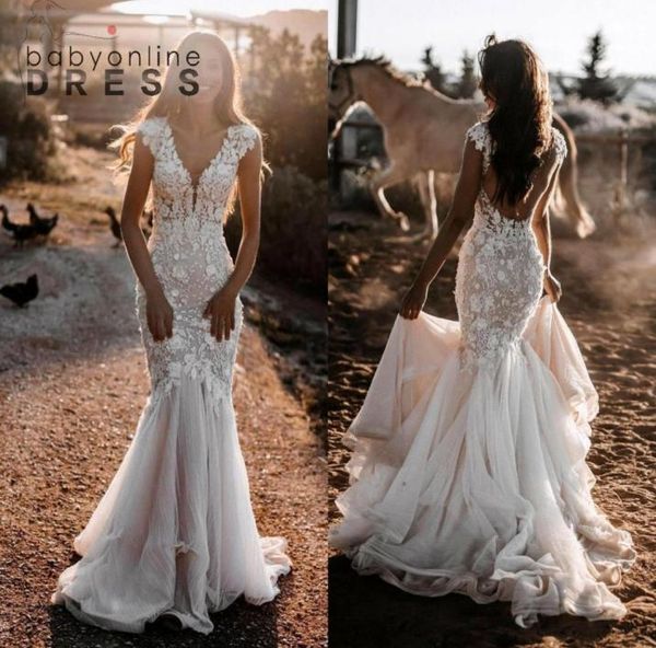 Vestidos de noiva de sereia de renda romântica jardim países bohemian sexy sem costas caneta de tampa de tampa rochosa vestidos de noiva longos bc109391494577