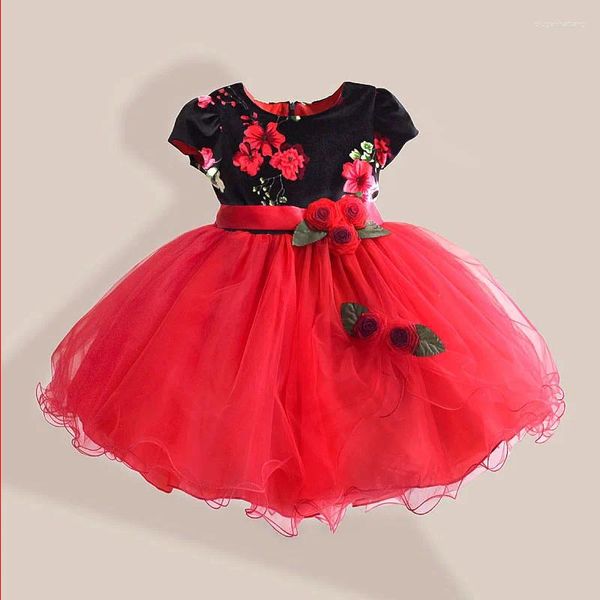 Mädchenkleider Herbstkleid Rose Blumen kurz Ärmel Prinzessin Baby Girls Spitze mit 3 Bogengürtel Kid-Party Hochzeit Kleidung 3-8T