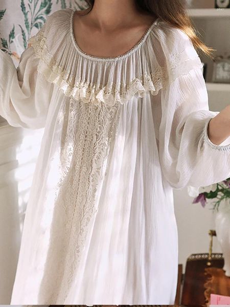 Ruffles franceses de roupas de dormir femininas, doce, algodão solto de princesa camisola vintage vintage