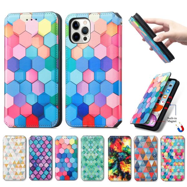 Caixa colorida de telefone de Rhombus para iPhone 12 Pro Max Mini 13xs x Xr 7 8 mais 6 6s Caminho de couro Flip colorido tampas magnéticas pintadas coloridas ZZ