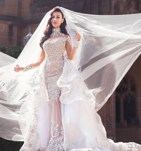 Luxuriöser Strasskristall Hochzeitskleid hohe Nackenperlen Applique Langarmer Meerjungfrau Brautkleid Wunderschönes Dubai Hochzeitskleid 7966767