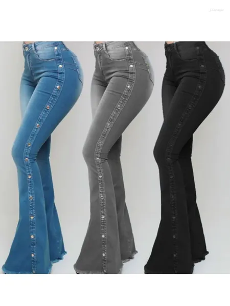 Jeans feminino vintage de cintura média alongamento flee women calça jeans larga perna na perna, tocada casual, coreano magro de bolso inferior de bolso de bolso