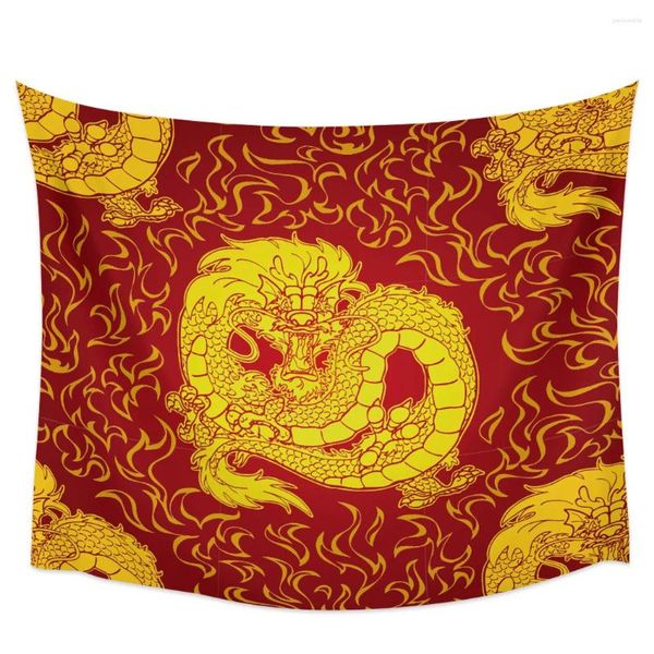 Taquestres Dragão chinês e fogo hippie vermelho Tapestry Taços parede pendurada na praia Decoração de pano de pano de ioga tapetes folhas de sofá -sofá cobertor