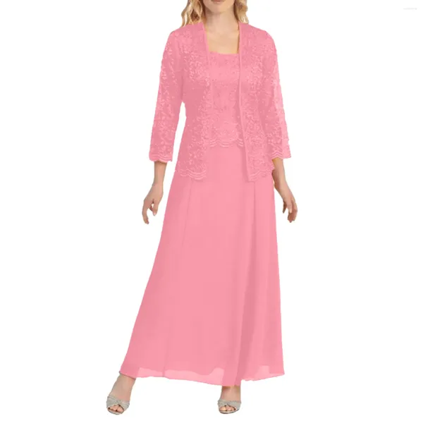 Повседневные платья женщины винтажное шифоновое кружевное формальное платье с кардиганским элегантным вечерним vestidos плюс размер два куски устанавливают лето