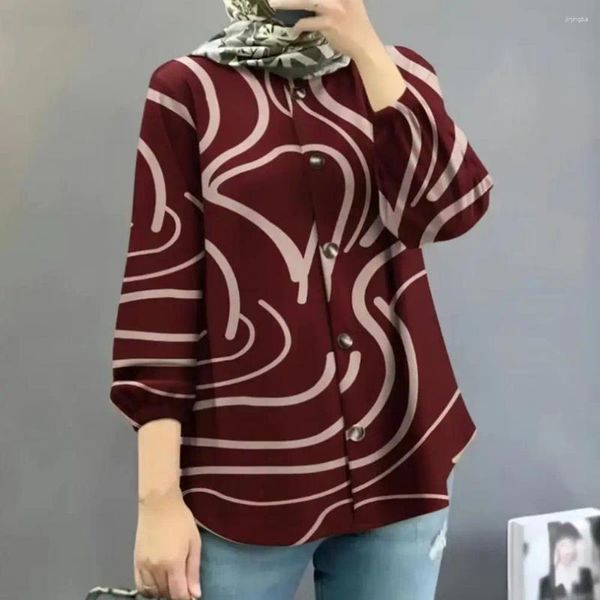 Женские блузки повседневные женщины-рубашка Геометрический рисунок ретро для сборочных рукавов закрытие пуговицы свободно подходит