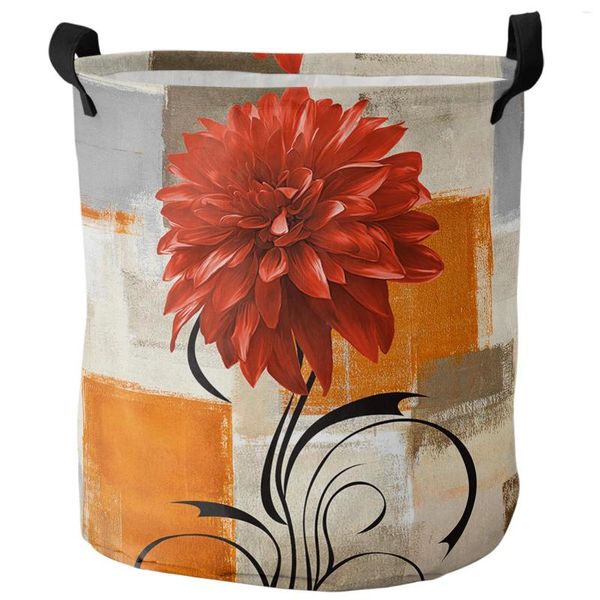 Bolsas de lavanderia dahlia pintura a óleo de textura abstrata planta flor laranja cesto dobrável cesta de grande capacidade