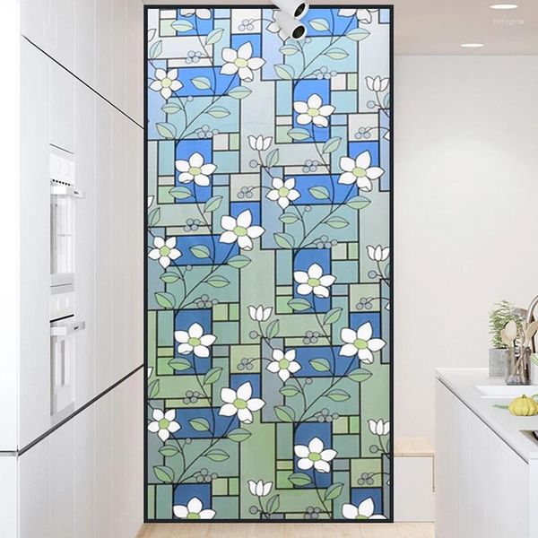 Pencere çıkartmaları 45/60/90cm buzlu gizlilik don banyo vitray film mavi beyaz çiçek statik dekoratif çıkartma