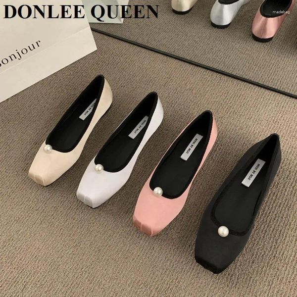 Lässige Schuhe Luxus Satin Seiden Ballett Frauen Klassische Quadratzehen flache Flats Ballerinas Damen Slipper Marke Perlmokkasins