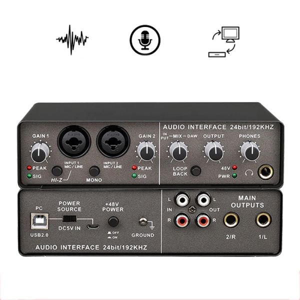 Pegs Professional Audio Interface Som Som Card com Monitoramento de guitarra elétrica Recording ao vivo Extrator de áudio para canto de estúdio Q24