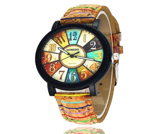 Relógio popular com grãos de madeira floral Pattern Starfish Men039s e Women039s Belt Watch9526389