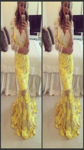 2022 Goldene Perlen Abend mit langen Ärmeln Applikationen gelbe formelle Kleidung Deep V Neck Meerjungfrau Style Prom Kleider rotes Teppich Dre2006718