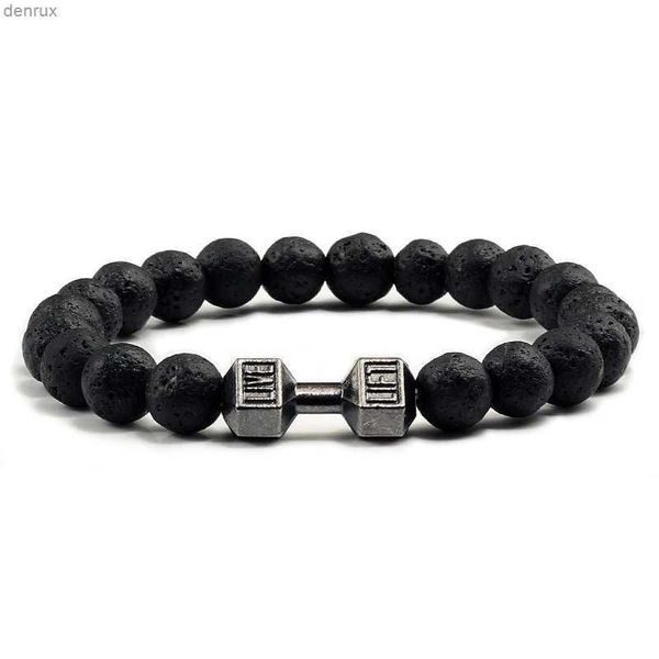 Outras pulseiras Braceletas de pedra vulcânica natural Men fosco preto preto de miçangas brancas charme halteres pulseiras femininas fitness jóias de fitness jóias