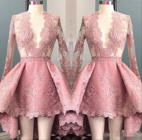 2024 Mode rosa hohe niedrige Abschlussballkleider Lange Illusionsärmel Spitzenapplikation Kurzes Mini -Abendkleid trennen v Hals Graduation Party Kee