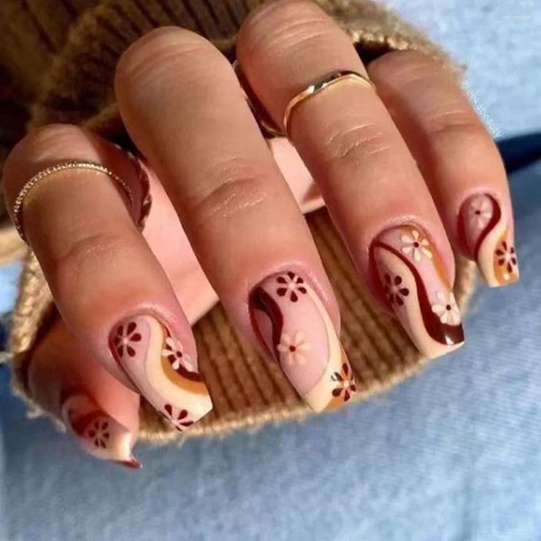 False Nails Ballerina Long Fashion French Cover Press Fake Press on Brown Stripes Increante Dicas de Unhas Manicure Mulicure