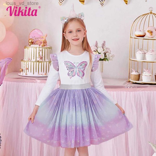 Vestidos de menina Vikita Autumn Girls Dress Butterfly lantejas crianças vestidos de manga longa meninas meninas vestido de papéis de festa vestidos de aniversário T240415