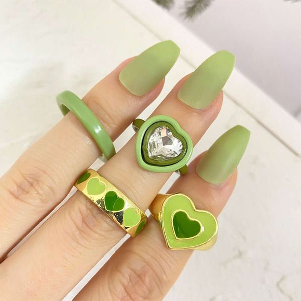 Pequeno e fresco Sense Especial Sense Verde Love Aberto de 4 peças para o anel de design minoritário feminino novo conjunto