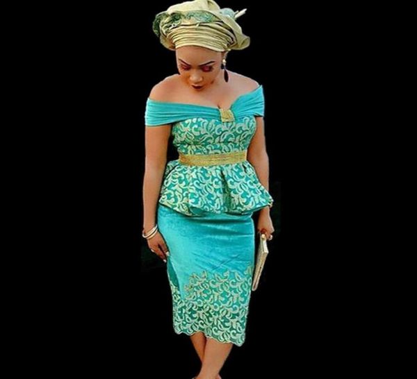 2020 Novo verde fora do ombro de renda dourada de cetim Africano nigeriano peplum vestido de noite de comprimento de teal mulher vestidos formais de noite VES5534779