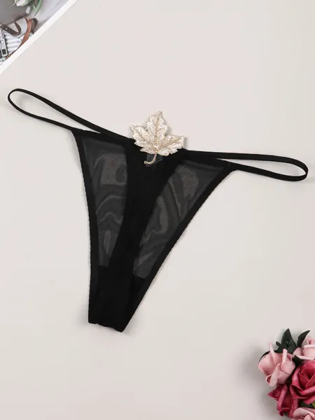 Kadın Panties Cyhwr Seksi Düz Renk Örgü Siyah Düşük Belli Yumuşak Yaprak Nakış Dekorasyon iç çamaşırı