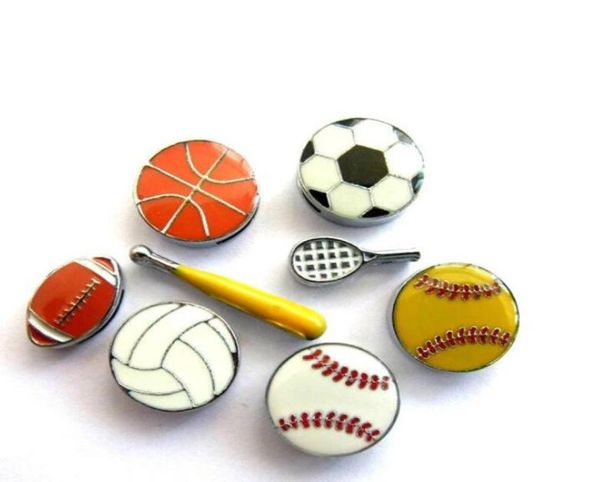 Mais opções 100pcslot Sports Balls 8mm Slide Charms Softball Baseball Basketball Futebol Futebol Fit para pulseiras de colarinho de estimação J5382664