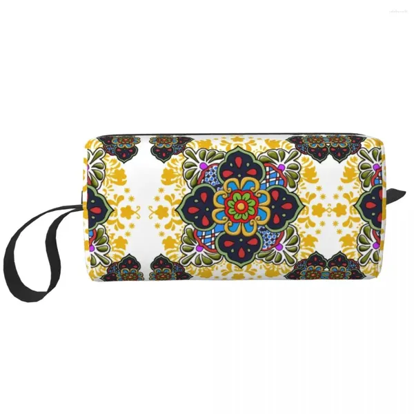 Bolsas de cosméticos Bolsa de higiene pessoal de flores de flores mexicana Talavera Cerâmica Organizador de maquiagem de maquiagem