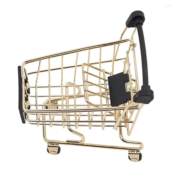 Aufbewahrung Flaschen kleine Wohnkörperwagen Korb Mini Karren Klammer goldener Trolley Model Tabletop Dekoration Desktop PO Requisiten Büro Büro