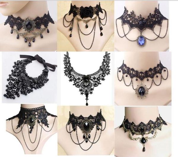 Halloween Sexy Gothic Chokers Crystal Black Lace Collares Colar Cara Vintage Mulheres Victorias Chocker Steampunk Jóias G7256824