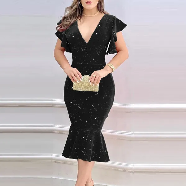 Lässige Kleiderinnen Frauen schlank enge Mode glänzende Rüschen Kleid Bronzing Spleiß Ärmele sexy Retro gegen Nackenparty Blumenröckeled