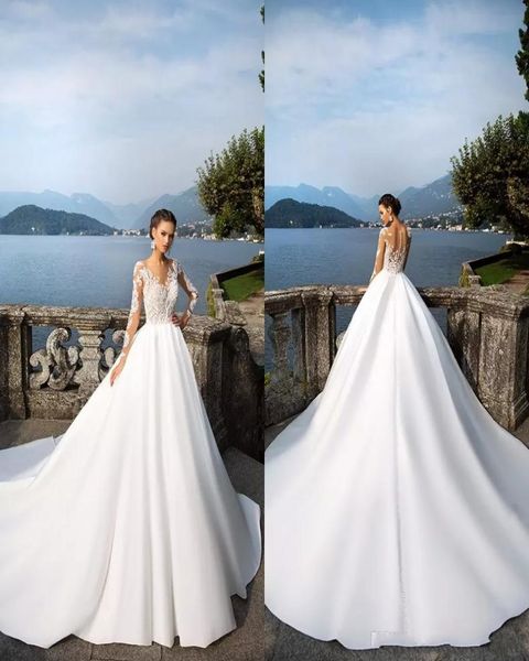 S milla nova White a Line Wedding платья прозрачные длинные рукава пуговица обратно атласные свадебные платья Custom Made4953258