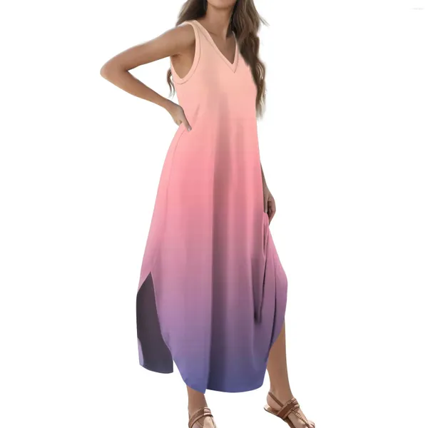 Vestidos casuais 2024 de verão feminino Sundress solto longa estampa de estampa de mangas V de pescoço tshirt maxi moda simples simples
