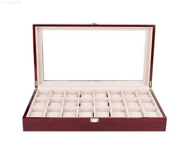 Caixas de relógio Caixas 24 slots Red Lacque brilhante Caixa de madeira Organizador de luxo Caixa de armazenamento de jóias grandes Caixas de armazenamento Caso de madeira GIF9960535