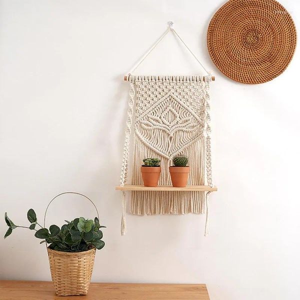 Arazzi Macrame Wall Apped Hanging Scaffali galleggianti con uncinetto a mano che fa scaffalature per le cornici di PO Decorazioni per la casa all'aperto interno