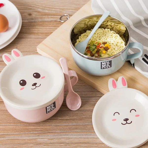 Aço inoxidável Double-camada ramen macarrão tigela Anti-escaldamento Bigida de macarrão instantâneo Bunny fofa com tampa e colher de mesa aleatória