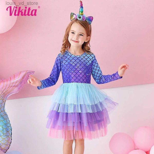 Abiti da ragazza Vikita Girls Mermaid Print Birthday Birthday Party Princess Layered Performance Abites Kids Long Autumn Inverno Abito elegante T240415