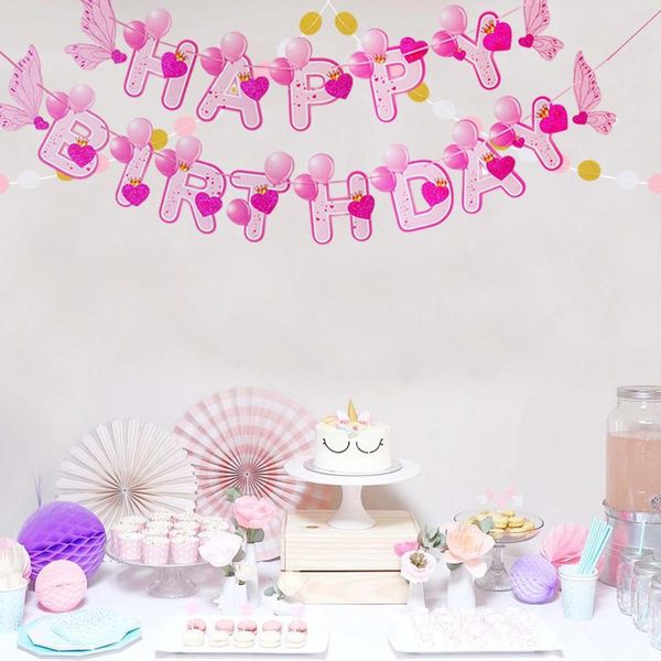 Decoração de festa 3pcs Conjunto de 9,8 pés de papel rosa para decorações de aniversário Happy Banner