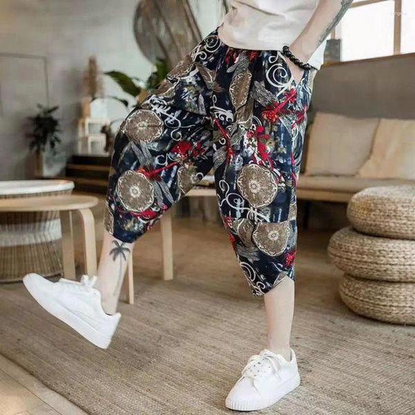 Calça masculina homens homens casuais corpidos em estilo retro de estilo chinês solto com bolsos laterais para diariamente