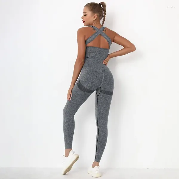 Pantaloni da due pezzi da donna Donne Stume da corpo senza soluzione di continuità set di yoga a strisce elastiche con palestra di sollevamento dell'anca tasca