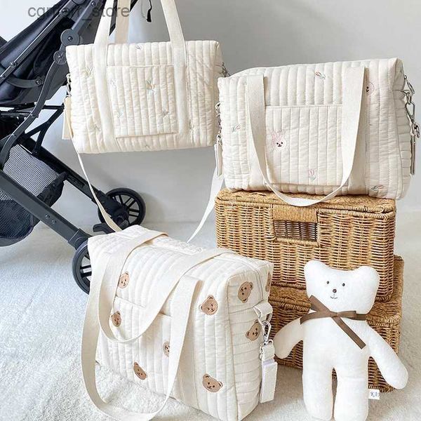 Wickelbeutel Neugeborene Babypflege Wickelbeutel Bären Blume Stickerei Mommy Bag Reißverschluss Windel Handtasche Baby Beige Baumwollstoff Kinderwagen Windel L410