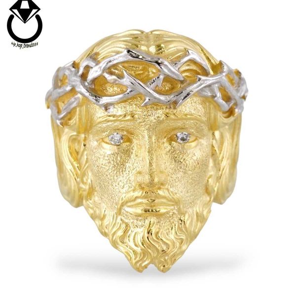 Plain Jesus Hip Hop Ring personalizado 14K Real amarelo ouro banhado 925 Sterling Silver Luxury Christ Face Ring For Men