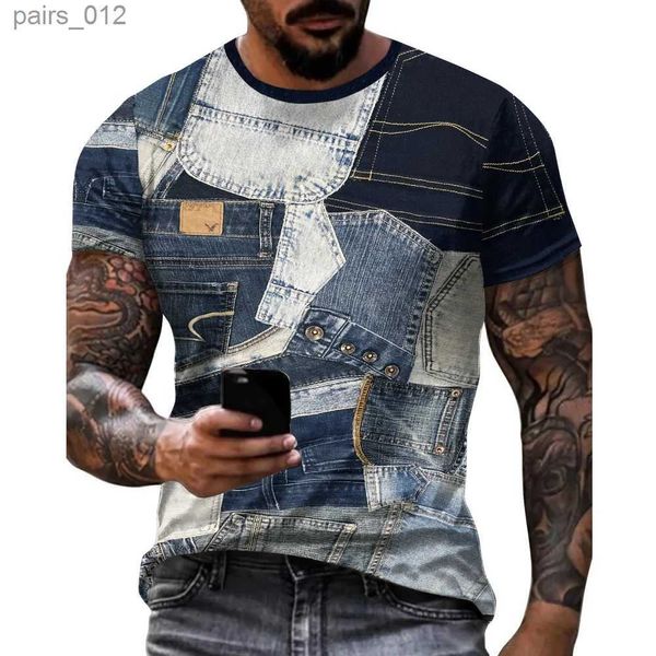 Erkek Tişörtler Retro Mens Çıkartma T-Shirt Denim Grafik T-Shirt 3D Baskılı Kısa Knapısı Sıradan Tişört Büyük Boy Kıyafetleri Top Yaz YQ240415